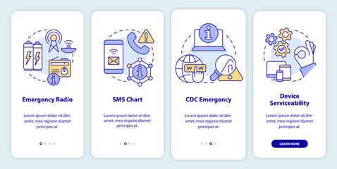 Ways to stay tuned onboarding mobile app screen. Nuclear disaster walkthrough 5 steps editable graphic instructions with linear concepts. UI, UX, GUI template. Myriad Pro-Bold, Regular fonts used