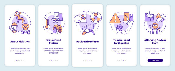 Nuclear accident causes onboarding mobile app screen. Disaster walkthrough 5 steps editable graphic instructions with linear concepts. UI, UX, GUI template. Myriad Pro-Bold, Regular fonts used