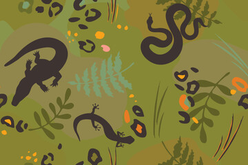 Botanical and animal background  snake, crocodile, lizard, gecko, leaves and spots leopard skin. Hand drawn seamless pattern summer tropical background. Sketchy drawing of silhouettes, contours