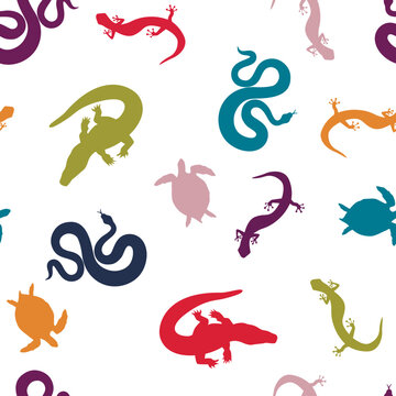 Snake Crocodile Turtle Gecko Lizard Salamander different bright colors seamless pattern on white background