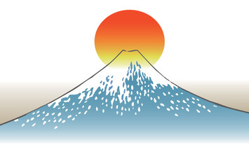 富士山と初日の出の浮世絵風ベクターイラスト（はがきサイズ）
