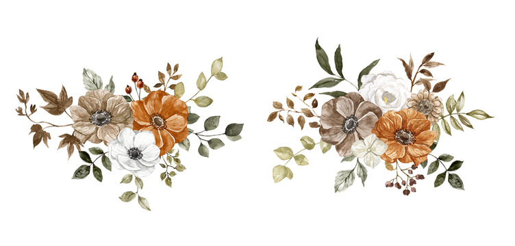 Watercolor floral bouquet set. Rust, burn orange, sepia, creme-colored flowers, and foliage painting.