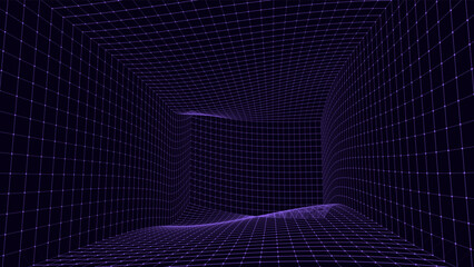 Wireframe room on the violet background. Vector perspective grid. Box with digital space.