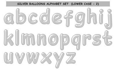 Silver Balloon Alphabet set, includes letters (uppercase and lower case), numbers, and symbols.