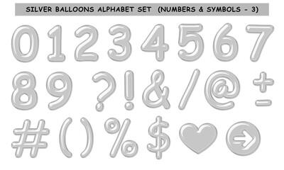 Silver Balloon Alphabet set, includes letters (uppercase and lower case), numbers, and symbols.