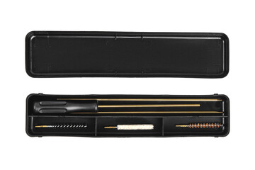 A set for cleaning weapons in a black case isolate on a white back. Weapon care tools.