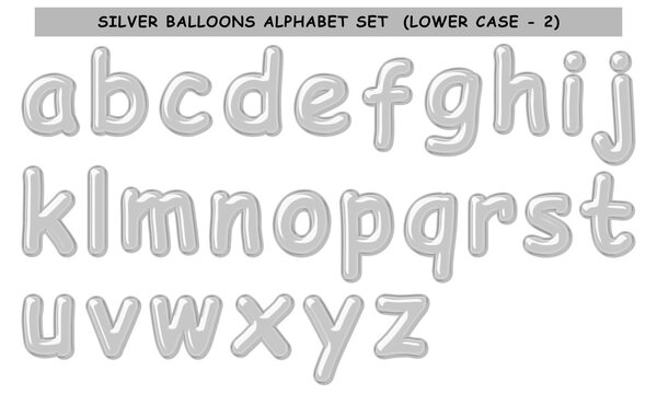 Silver Balloon Alphabet set, includes letters (uppercase and lower case), numbers, and symbols.