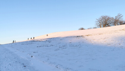 Danish winter landscape with white fields and hills and children sledging in the snow