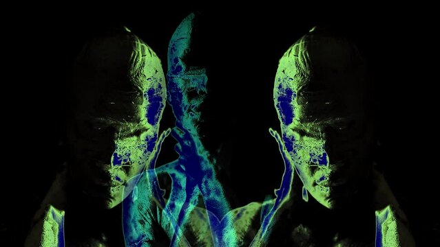 Front view of a futuristic woman with a fluorescent psychedelic collage overlay dancing. Portrait of a zombie lady performing in neon light