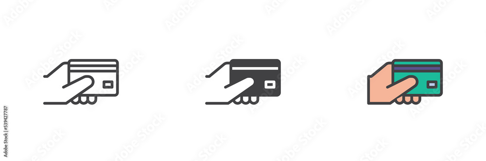 Poster hand with credit card different style icon set