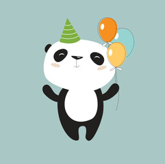 Cute panda with balloons. Panda has a birthday. Cartoon panda celebrates the holiday. Asian animal.