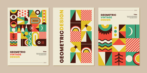 Geometric vintage design. Retro pattern. Abstract composition with geometrical shapes. Color neo geo set. Vector illustration for poster, postcard or brochure