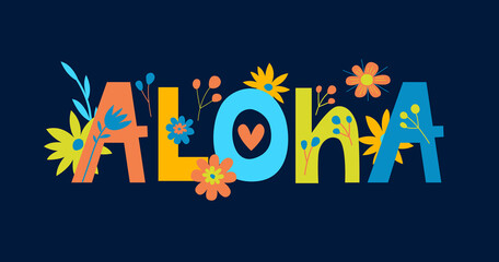 Bright Floral topographic card "Aloha". Hawaii. floral lettering.