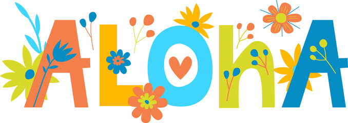 Bright Floral topographic card "Aloha". Hawaii. floral lettering. © olga