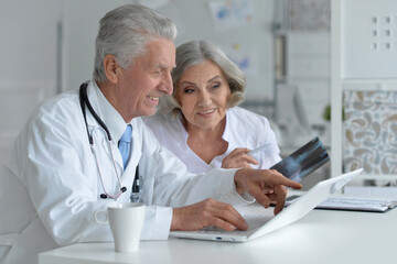 Fototapeta na wymiar Portrait of an elderly couple of doctors at the laptop