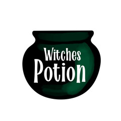 Witch pot illustration with text Witches Potion isolated on white background
