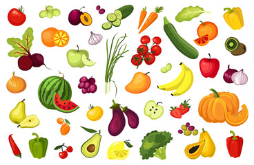  Vector set of ripe vegetables and fruits isoleted on white background