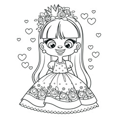 Fototapeta premium Cute cartoon long haired princess girl in ball dress outlined for coloring page on white background