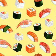 Seamless pattern with sushi and rolls. Nigiri, gunkan maki, uramaki, futomaki, hosomaki. Vector illustration of traditional Japanese cuisine isolated on white background.