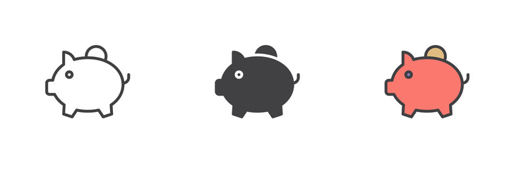 Piggy bank and coin different style icon set
