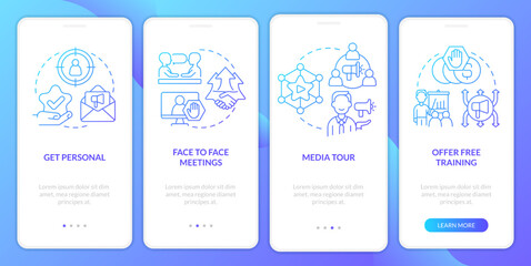 High turnaround tactics blue gradient onboarding mobile app screen. Engagement walkthrough 4 steps graphic instructions with linear concepts. UI, UX, GUI template. Myriad Pro-Bold, Regular fonts used