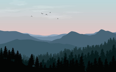 Vector landscape with blue silhouettes of mountains, hills and forest with sunset or dawn pink sky - obrazy, fototapety, plakaty