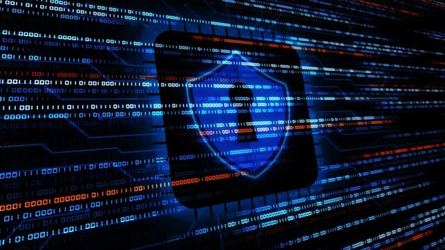 Binary Code in flow motion - Shield protection system binary code cyber security and information or network protection - business concept