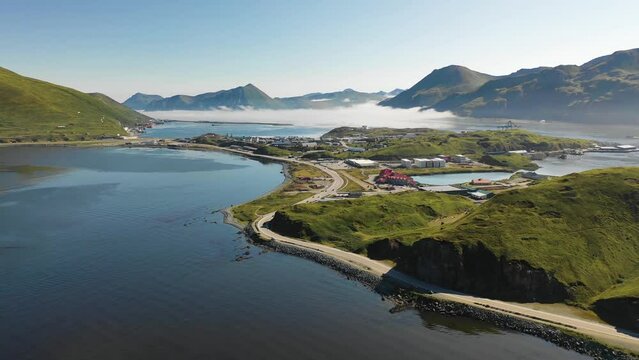 Aerial view of a small town on Unalaska Island, Alaska, United States.