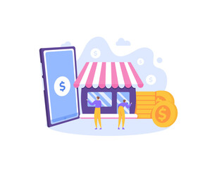 digital venture. e-commerce and online shops. make plans and strategies. manage business. make money on the internet. a team builds a business and a shop. small and medium enterprises. illustration