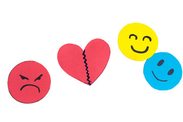 happy and angry paper faces on white background for copy space with concept of jealousy, heartbreak, infidelity, abuse,