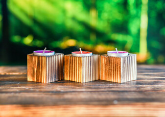 Close-up of wooden candle holders with tea light on red rose petals and blurred green background.