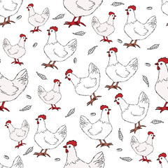 Cute cartoon white chicken seamless pattern. Walking hen. Farm animals theme. Flat vector illustration on white background.