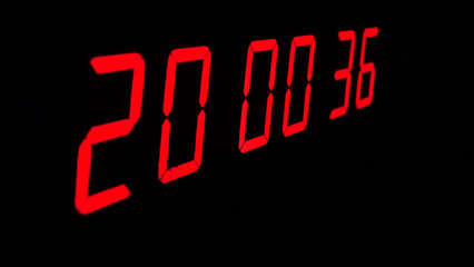 Digital timer on a black background. Light panel with red numbers. 20 o'clock