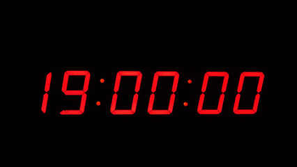 Digital timer on a black background. Light panel with red numbers. 19 o'clock