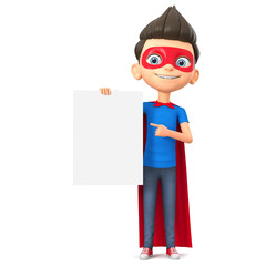 Cartoon character boy in a super hero costume on a white background points to a blank poster. 3d render illustration.