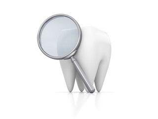 White tooth and magnifier on a white background. 3d render illustration.