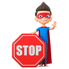Cartoon character boy in a super hero costume on a white background holding a stop sign. 3d render illustration.