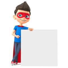 Cartoon character boy in a super hero costume on a white background leaned against and points to an empty board. 3d render illustration.