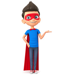 Cartoon character boy in super hero costume isolated on white background. 3d render illustration.