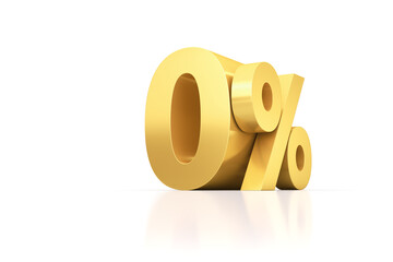 Golden zero percent on a white mirror surface. Illustration for business projects. Discount.