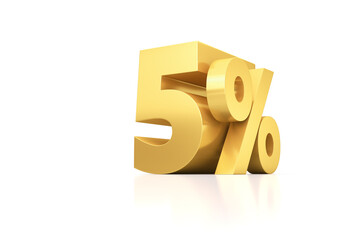 Golden five percent on a white mirror surface. Illustration for business projects. Discount.