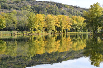 superbe plan d'eau avec ses arbres colorés de jaune et d'orange par une belle journée d'automne, se reflétant comme un miroir sur l'eau