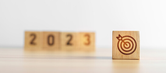 2023 block with dartboard icon. Goal, Target, Resolution, strategy, plan, Action, mission,...