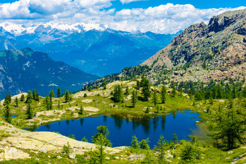 Fototapeta na wymiar Beautiful lake in the Valley of Mount Avic, Aosta Valley, Italy