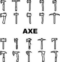 axe hatchet wood blade tool icons set vector. wooden equipment, ax work steel, tree forest, timber, lumberjack, old, metal, weapon axe hatchet wood blade tool black contour illustrations