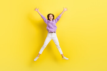 Fototapeta na wymiar Full length photo of overjoyed lady wear stylish violet sweater glad triumph champion winner victory isolated on yellow color background