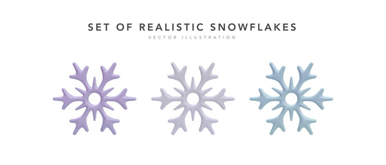Set of 3d realistic snowflake isolated on white background. Vector illustration