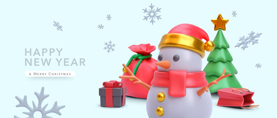Christmas and New Year background with 3d realistic snowman, Christmas trees, gift, shopping bag and snowflakes. Vector illustration