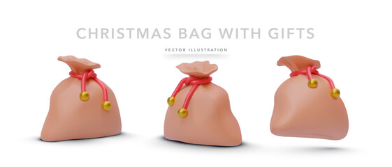 Set of 3d realistic Christmas bag with shadow isolated on white background. Vector illustration