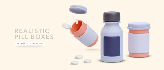 3d realistic pills and medicine boxes isolated on yellow background. Vector illustration